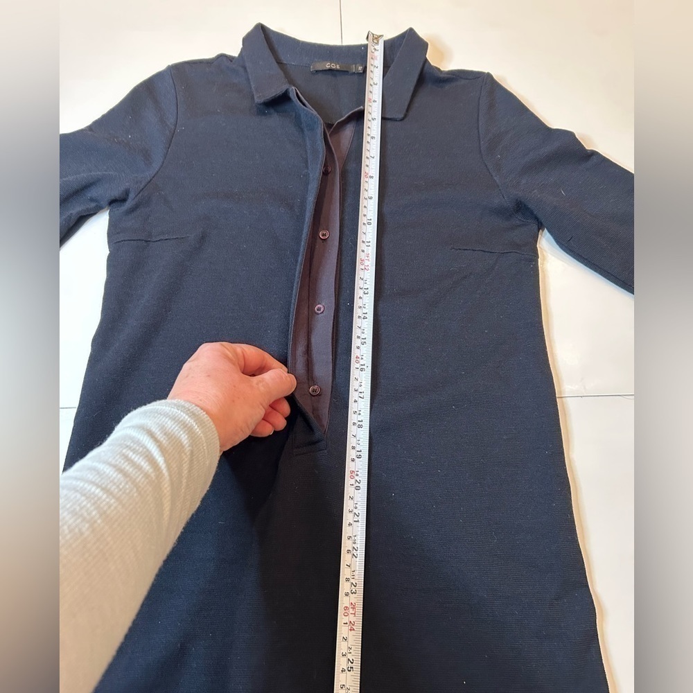 COS  100% wool Shirt Dress Women's Navy Blue  Half  button  size xs - Picture 8 of 9